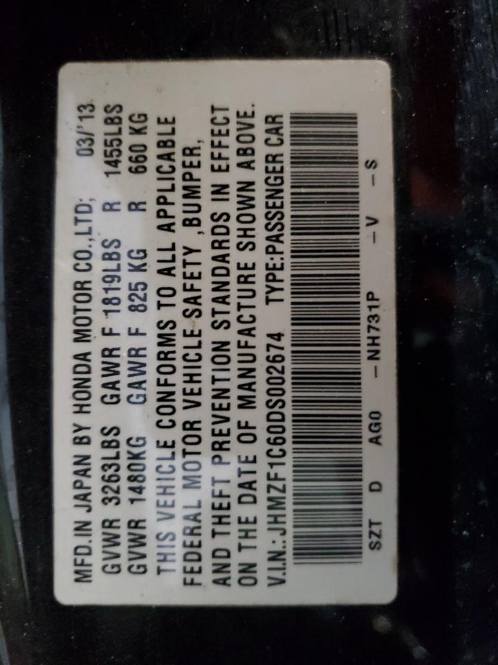 2013 Honda CR-Z VIN JHMZF1C60DS002674 Copart auction photo, front end / minor dent/scratches damage thumbnail 14