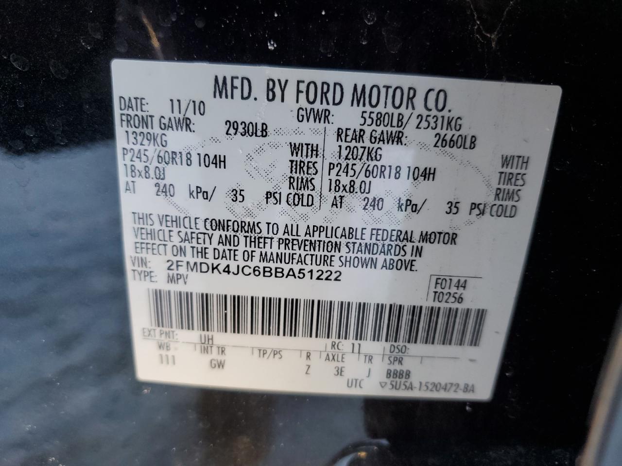 2011 Ford Edge VIN 2FMDK4JC6BBA51222 Copart auction photo, side damage thumbnail 14