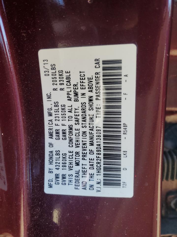 2013 Honda Accord VIN 1HGCR2F89DA138097 Copart auction photo, rear end damage thumbnail 13