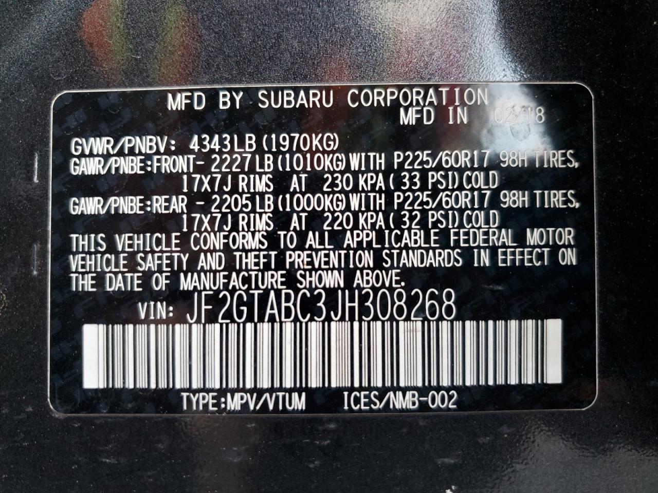 2018 Subaru XV VIN JF2GTABC3JH308268 Copart auction photo, rear end damage thumbnail 13