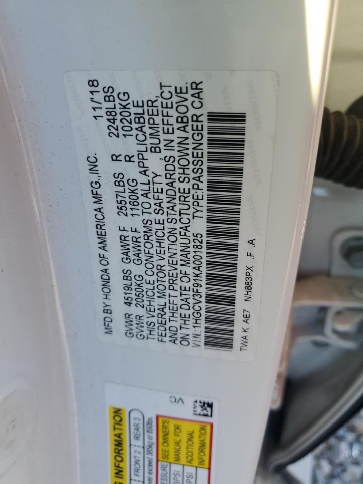 2019 Honda Accord VIN 1HGCV3F91KA001825 Copart auction photo, front end damage thumbnail 14
