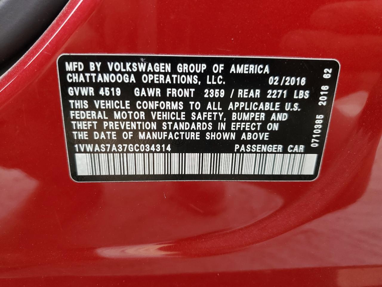 2016 Volkswagen Passat VIN 1VWAS7A37GC034314 Copart auction photo, front end damage thumbnail 14