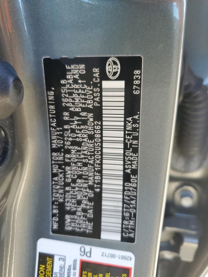2012 Toyota Camry VIN 4T1BF1FK0CU508662 Copart auction photo, side / front end damage thumbnail 14