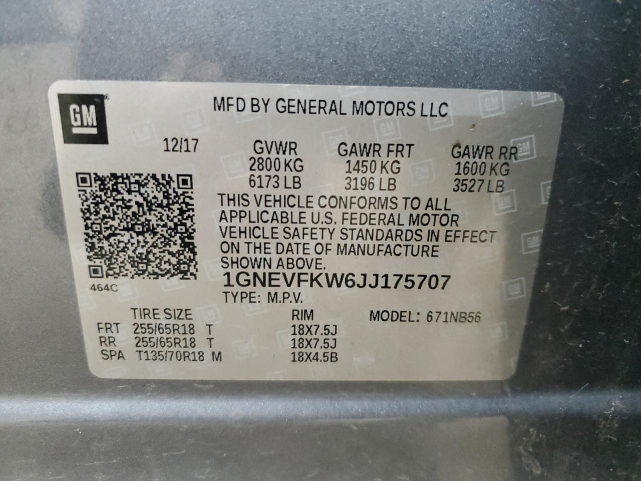 2018 Chevrolet Traverse VIN 1GNEVFKW6JJ175707 Copart auction photo, front end / rejected repair damage thumbnail 13