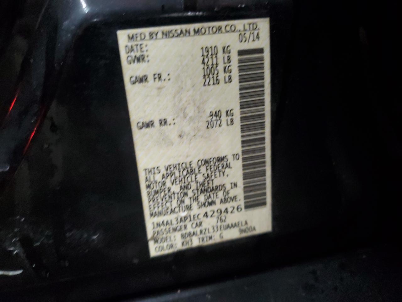 2014 Nissan Altima VIN 1N4AL3AP1EC429426 Copart auction photo, rear end damage thumbnail 12