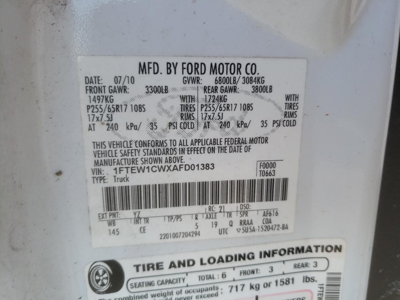 2010 Ford F-150 VIN 1FTEW1CWXAFD01383 Copart auction photo, all over damage thumbnail 14