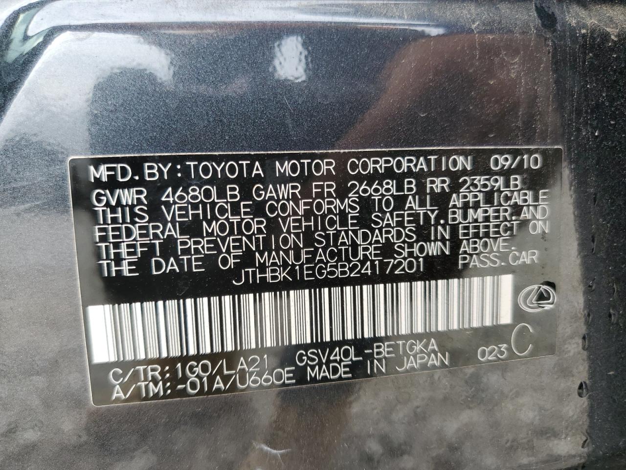 2011 Lexus ES VIN JTHBK1EG5B2417201 Copart auction photo, front end damage thumbnail 13