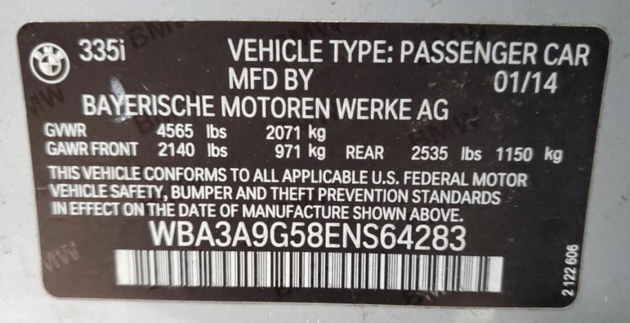 2014 BMW 3er VIN WBA3A9G58ENS64283 Copart auction photo, side damage thumbnail 14