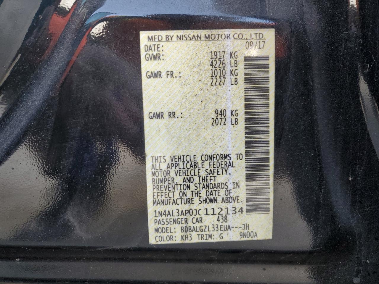 2018 Nissan Altima VIN 1N4AL3AP0JC112134 Copart auction photo, front end / minor dent/scratches damage thumbnail 13