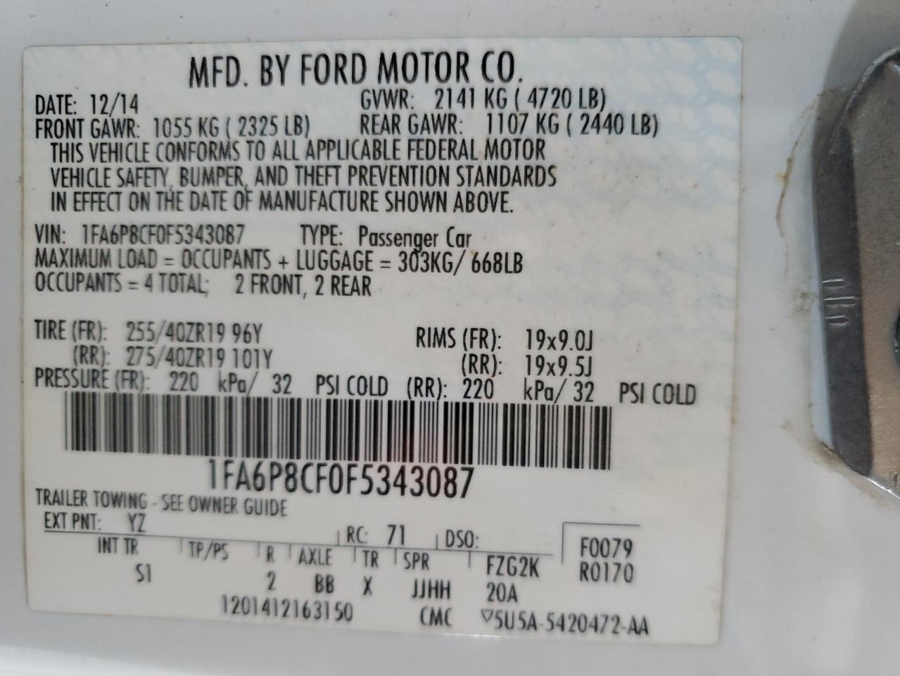2015 Ford Mustang VIN 1FA6P8CF0F5343087 Copart auction photo, all over damage thumbnail 12