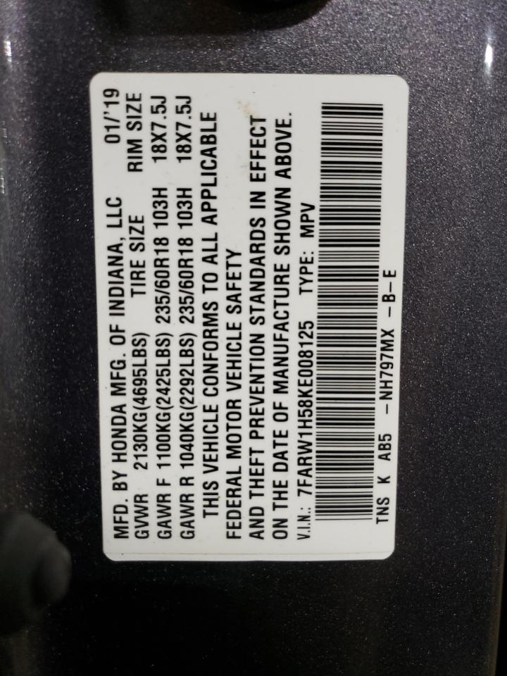2019 Honda CR-V VIN 7FARW1H58KE008125 Copart auction photo, hail / front end damage thumbnail 15