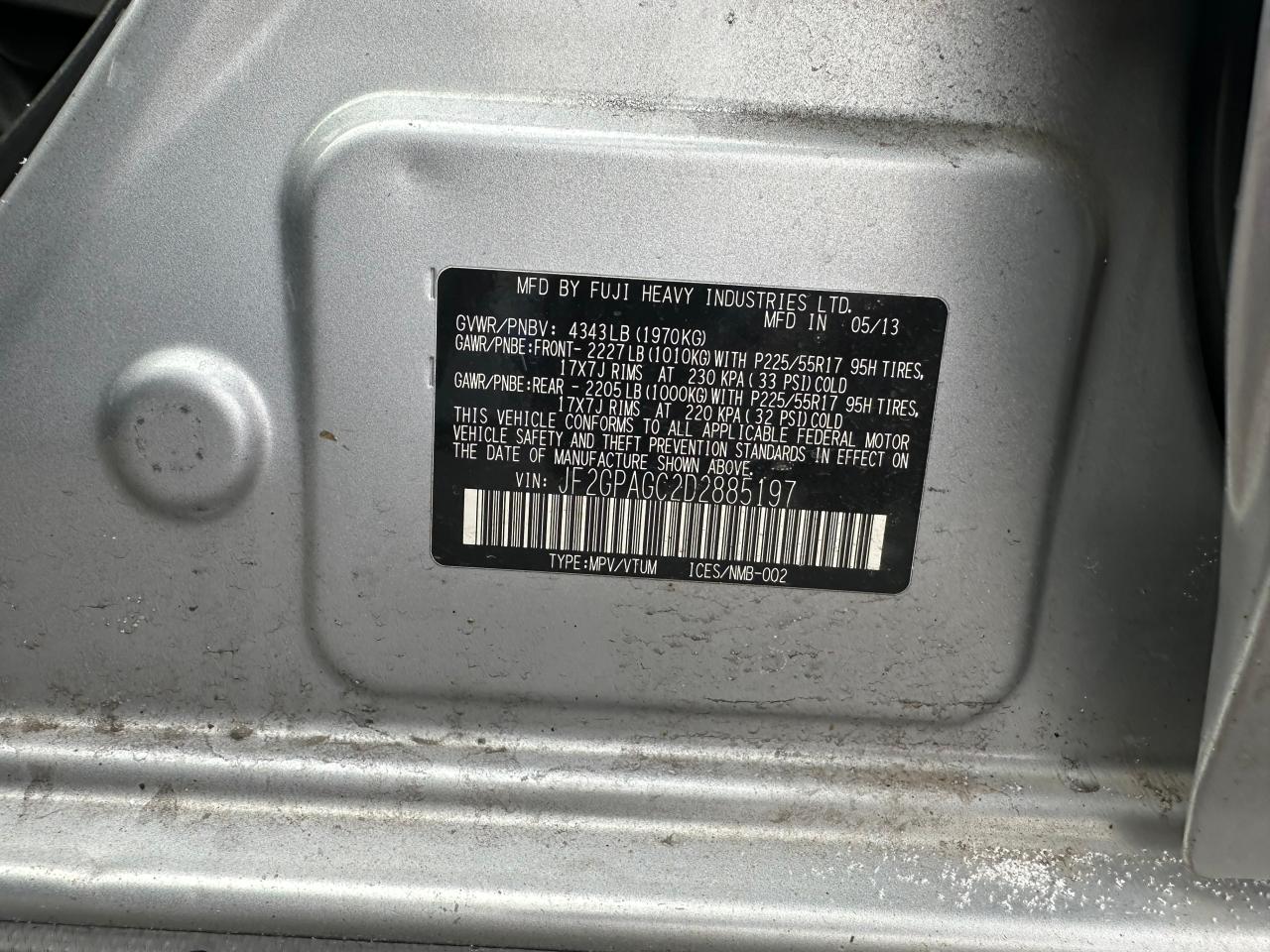 2013 Subaru XV VIN JF2GPAGC2D2885197 Copart auction photo, side / normal wear damage thumbnail 10
