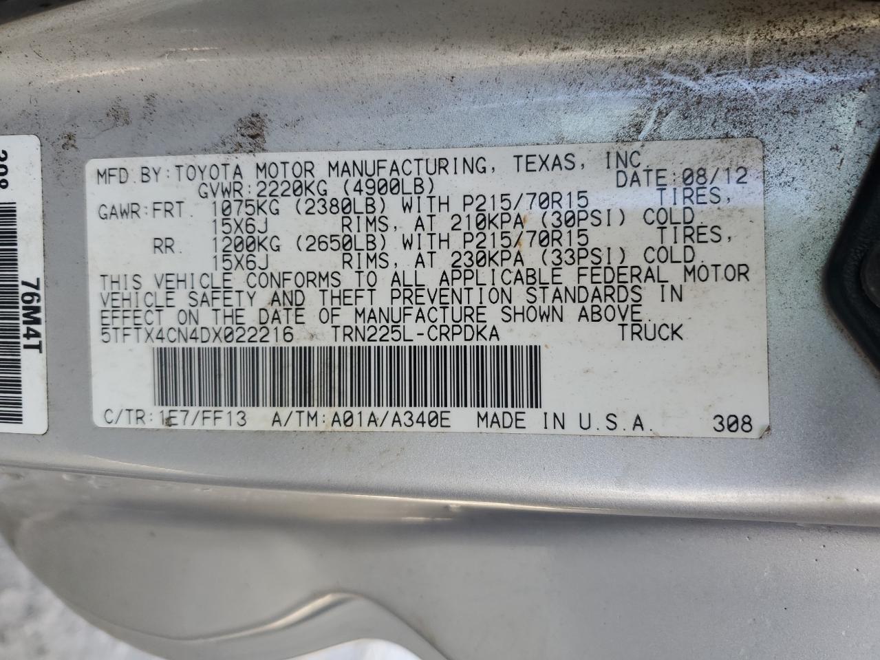 2013 Toyota Tacoma VIN 5TFTX4CN4DX022216 Copart auction photo, rollover damage thumbnail 12