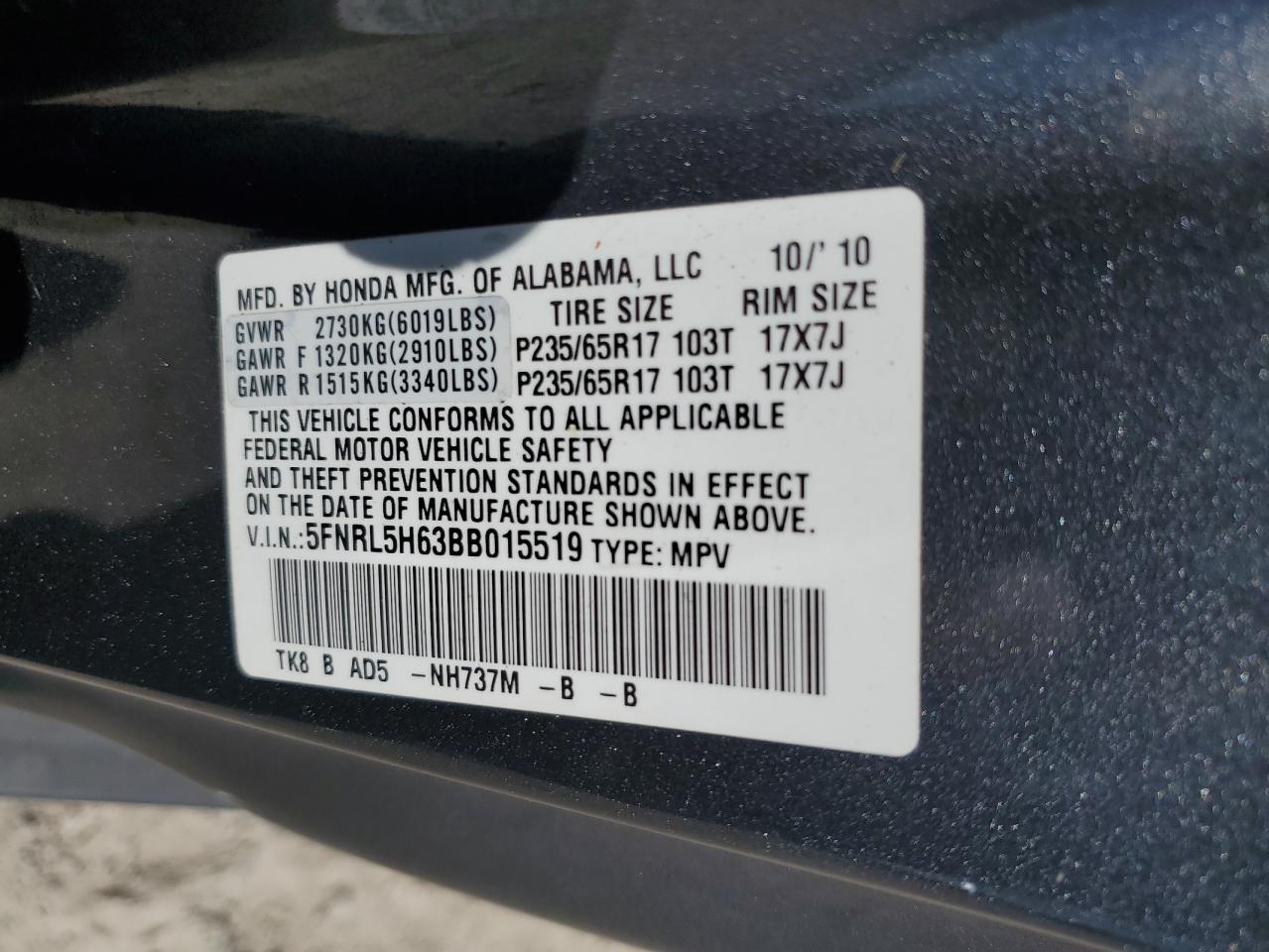 2011 Honda Odyssey VIN 5FNRL5H63BB015519 Copart auction photo, rear end damage thumbnail 15