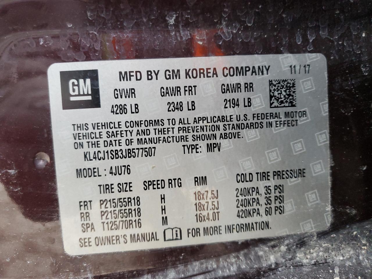 2018 Buick Encore VIN KL4CJ1SB3JB577507 Copart auction photo, front end / undercarriage damage thumbnail 12