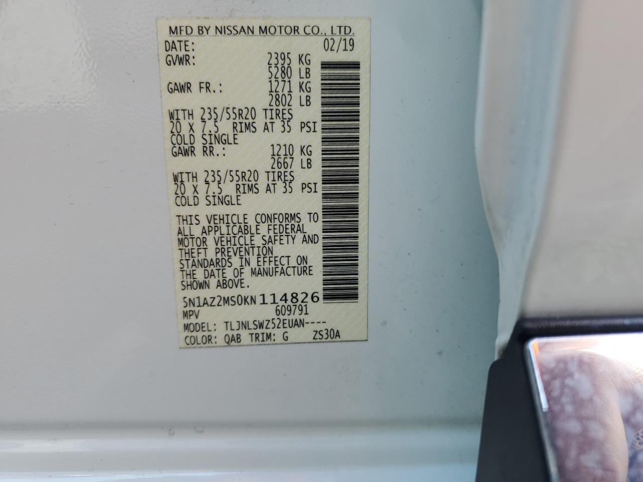 2019 Nissan Murano VIN 5N1AZ2MS0KN114826 Copart auction photo, water/flood damage thumbnail 14