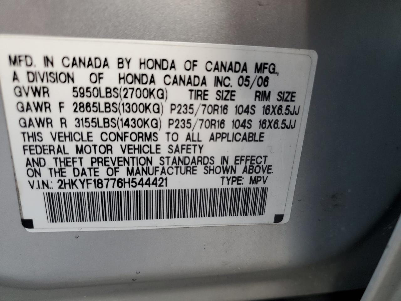 2006 Honda Pilot VIN 2HKYF18776H544421 Copart auction photo, front end / minor dent/scratches damage thumbnail 13