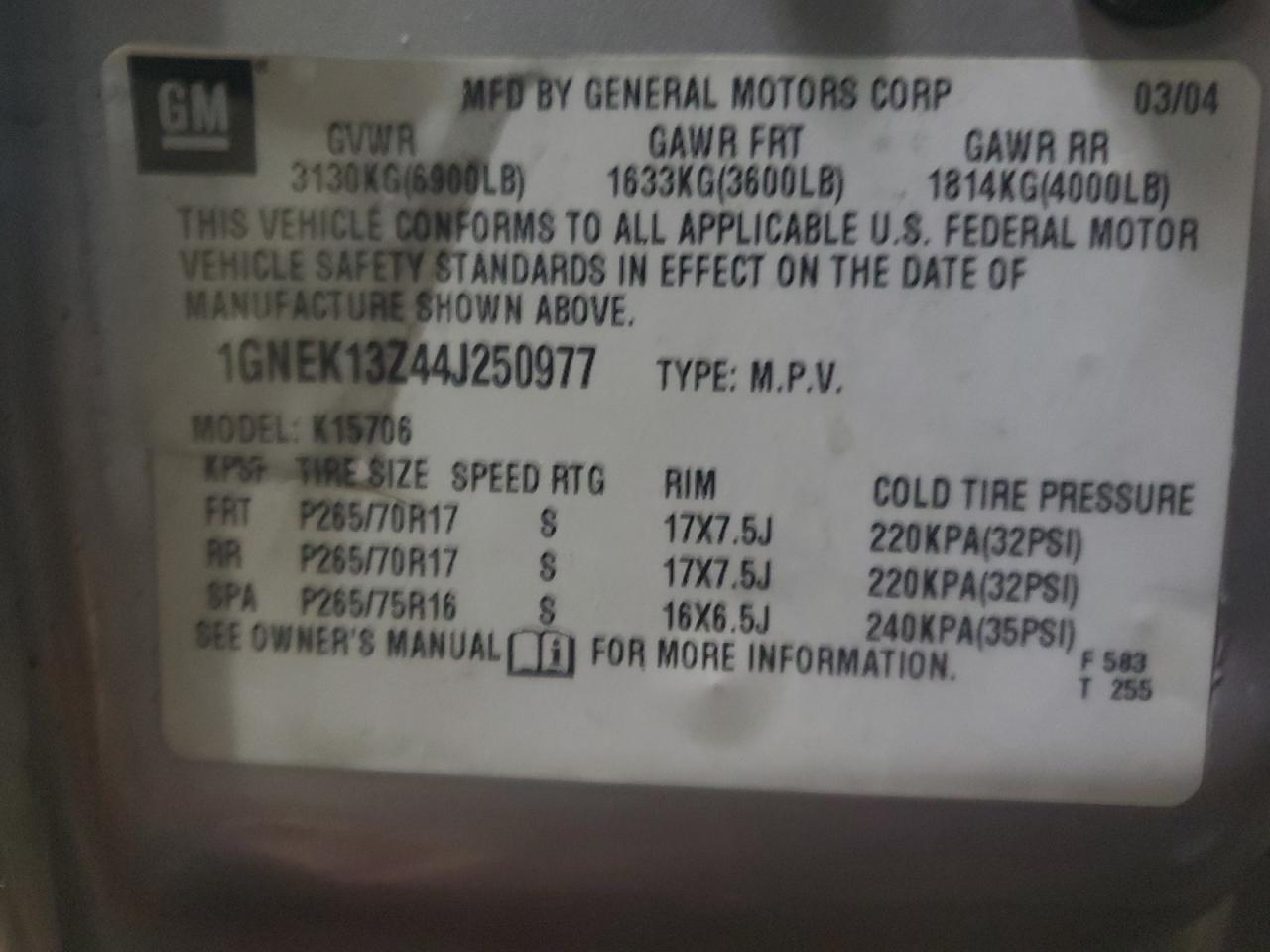 2004 Chevrolet Tahoe VIN 1GNEK13Z44J250977 Copart auction photo, side / rollover damage thumbnail 12