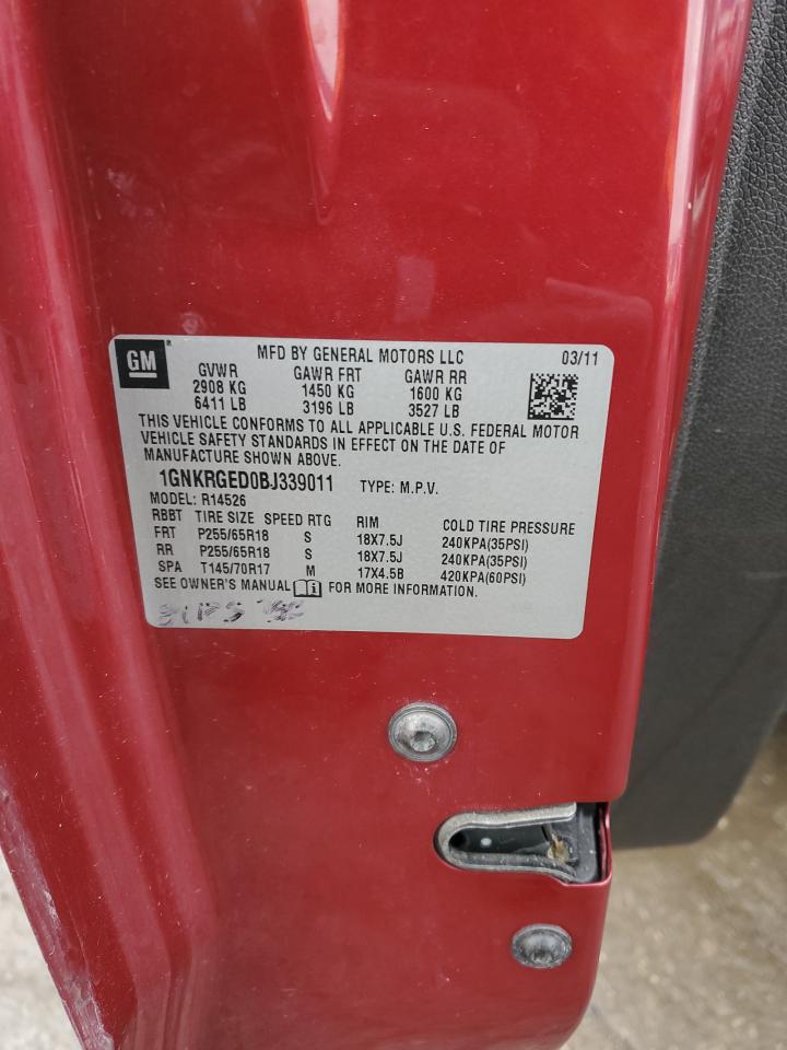 2011 Chevrolet Traverse VIN 1GNKRGED0BJ339011 Copart auction photo, all over damage thumbnail 12