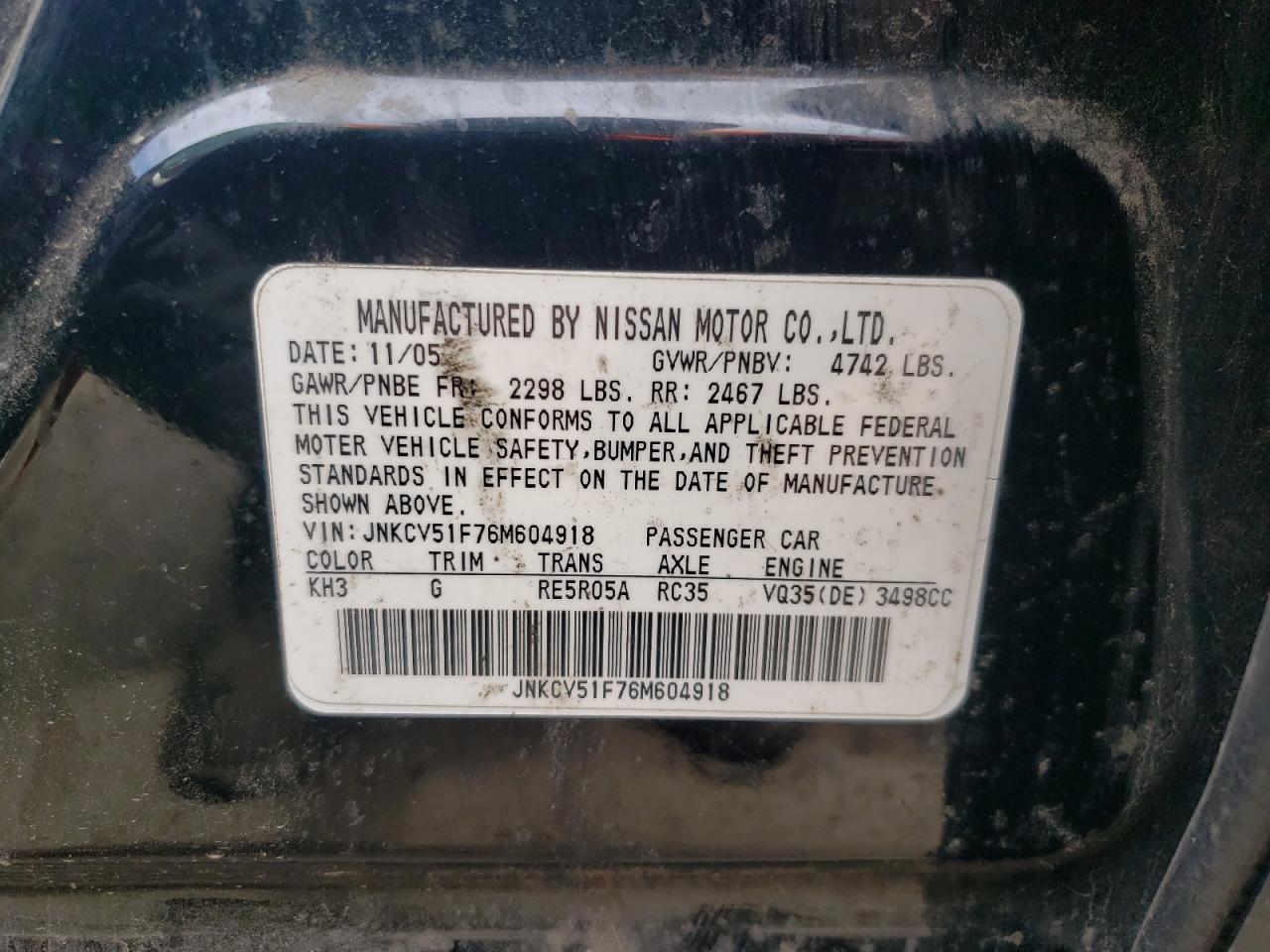 2006 Infiniti G VIN JNKCV51F76M604918 Copart auction photo, front end / rear end damage thumbnail 13