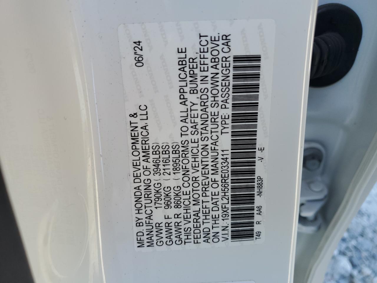 2024 Honda Civic VIN 19XFL2H56RE033411 Copart auction photo, rear end / undercarriage damage thumbnail 12