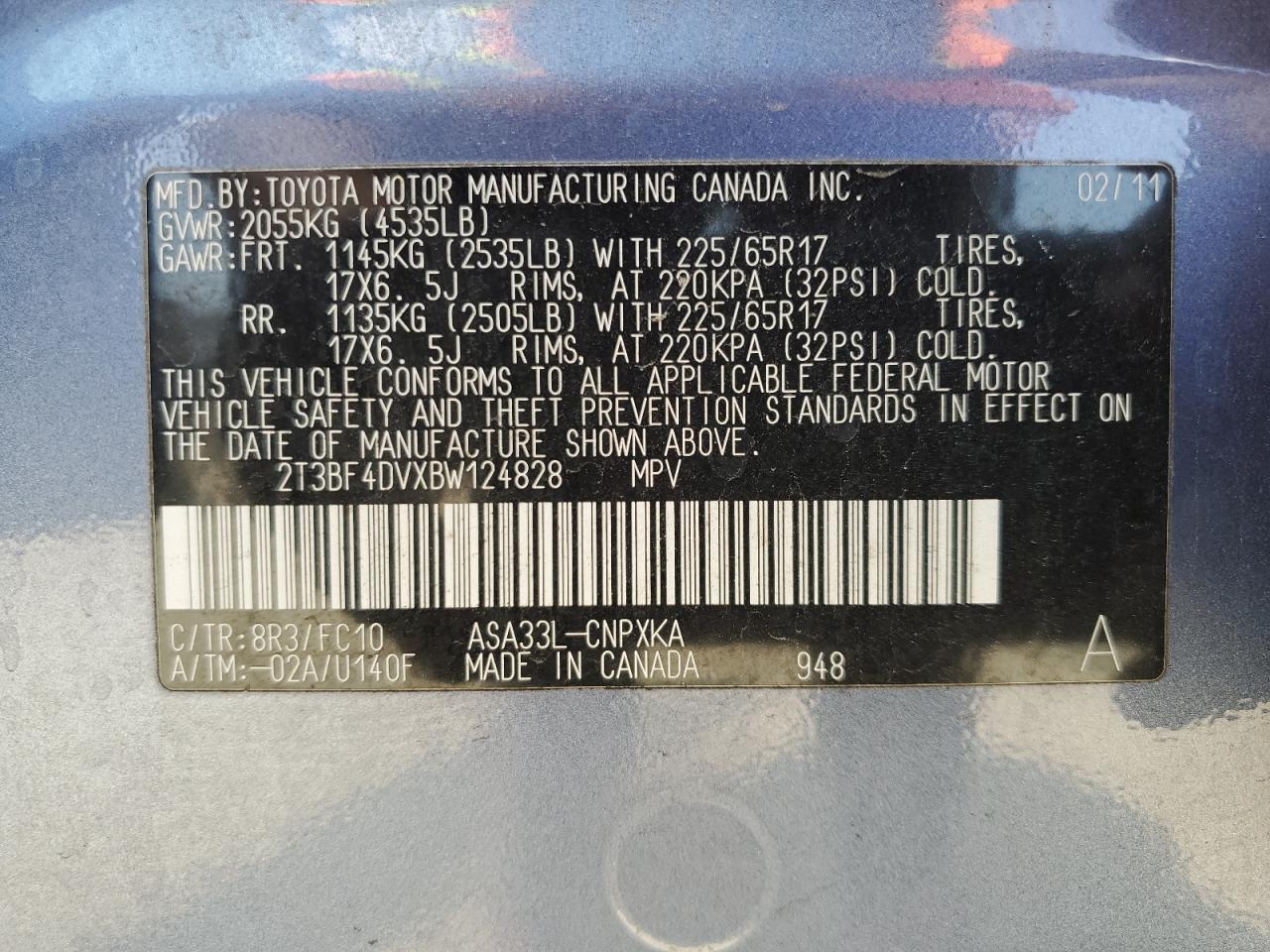 2011 Toyota RAV 4 VIN 2T3BF4DVXBW124828 Copart auction photo, rear end / side damage thumbnail 13