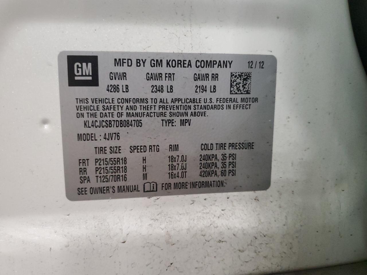 2013 Buick Encore VIN KL4CJCSB7DB084705 Copart auction photo, front end damage thumbnail 13