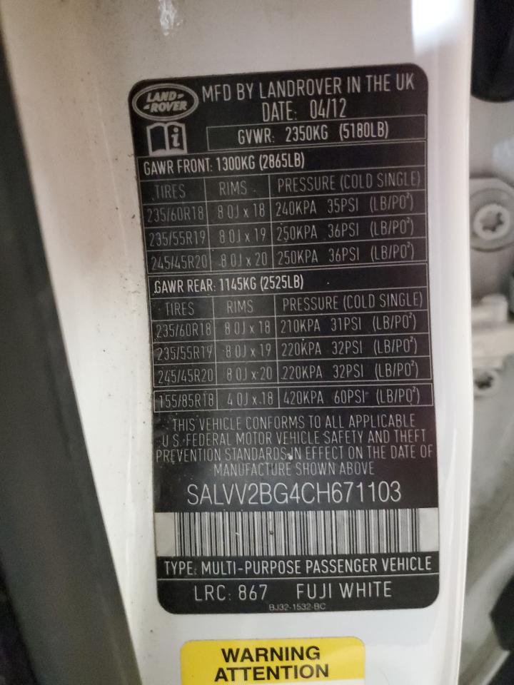 2012 Land Rover Range Rover VIN SALVV2BG4CH671103 Copart auction photo, front end / rear end damage thumbnail 13