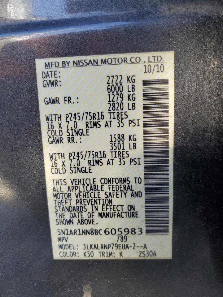2011 Nissan Pathfinder VIN 5N1AR1NN8BC605983 Copart auction photo, front end damage thumbnail 13