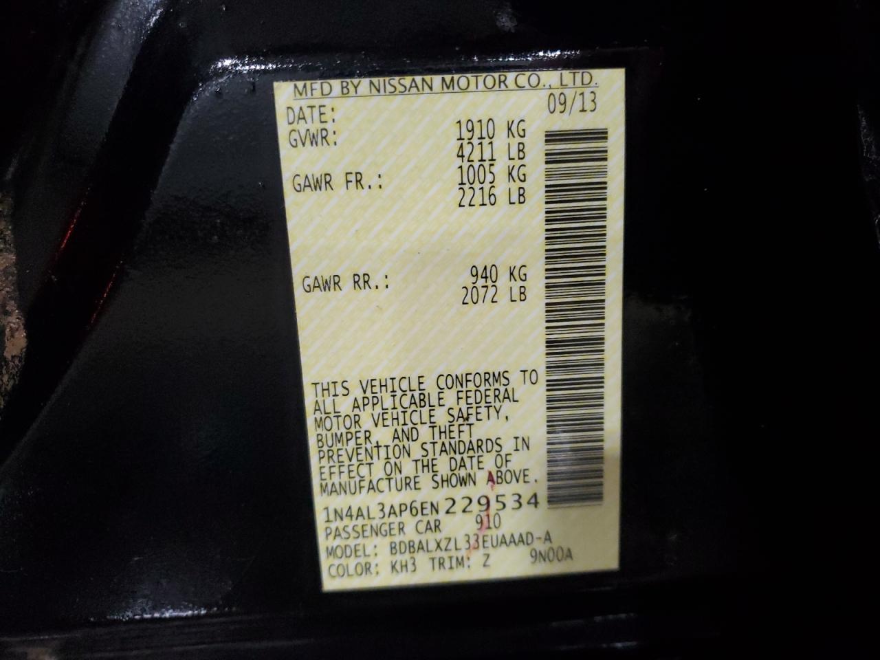 2014 Nissan Altima VIN 1N4AL3AP6EN229534 Copart auction photo, front end / rear end damage thumbnail 13