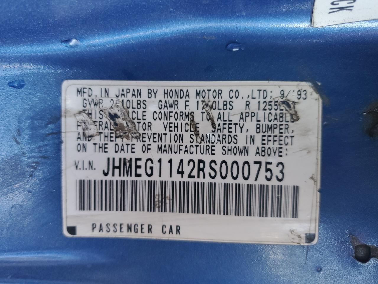 1994 Honda Civic VIN JHMEG1142RS000753 Copart auction photo, rear end / hail damage thumbnail 12