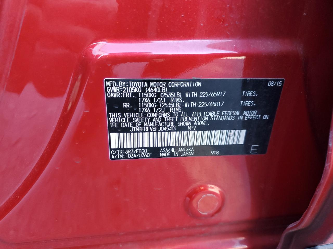2015 Toyota RAV 4 VIN JTMBFREV6FJ045401 Copart auction photo, front end damage thumbnail 13