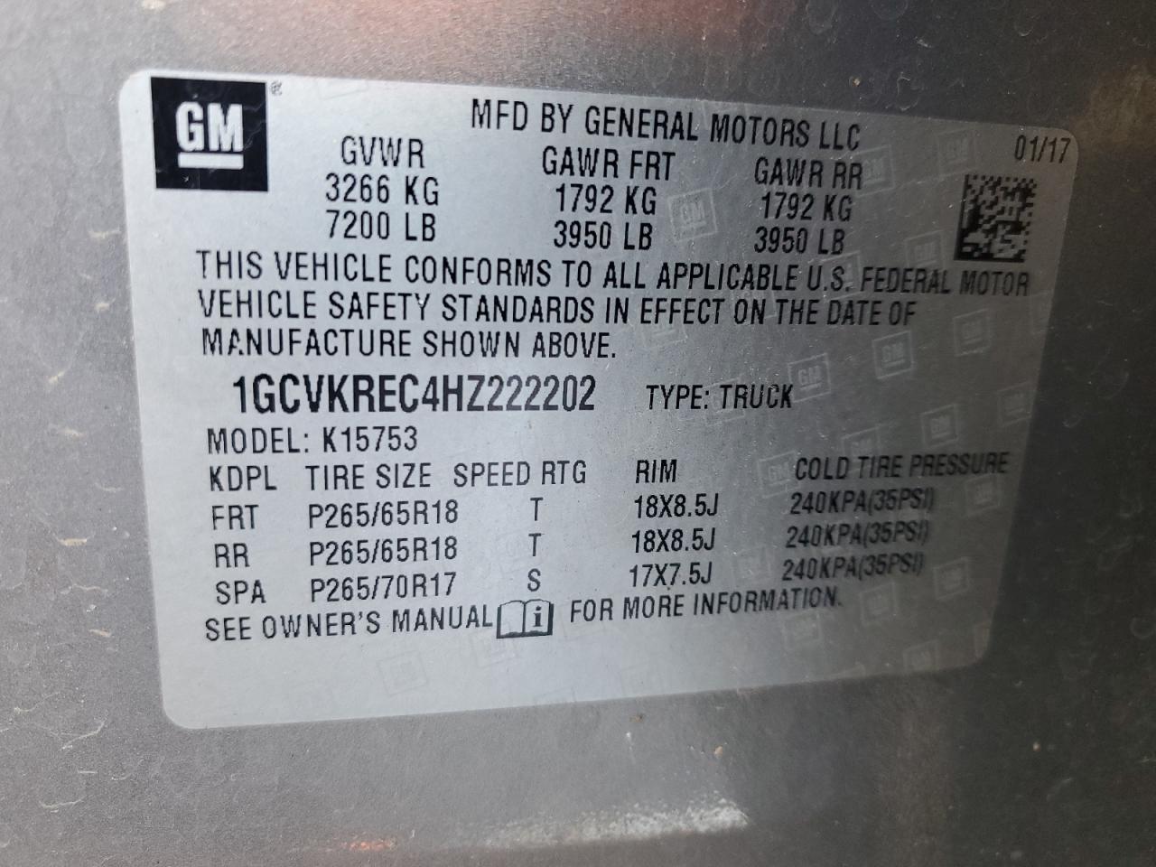 2017 Chevrolet Silverado VIN 1GCVKREC4HZ222202 Copart auction photo, front end damage thumbnail 14
