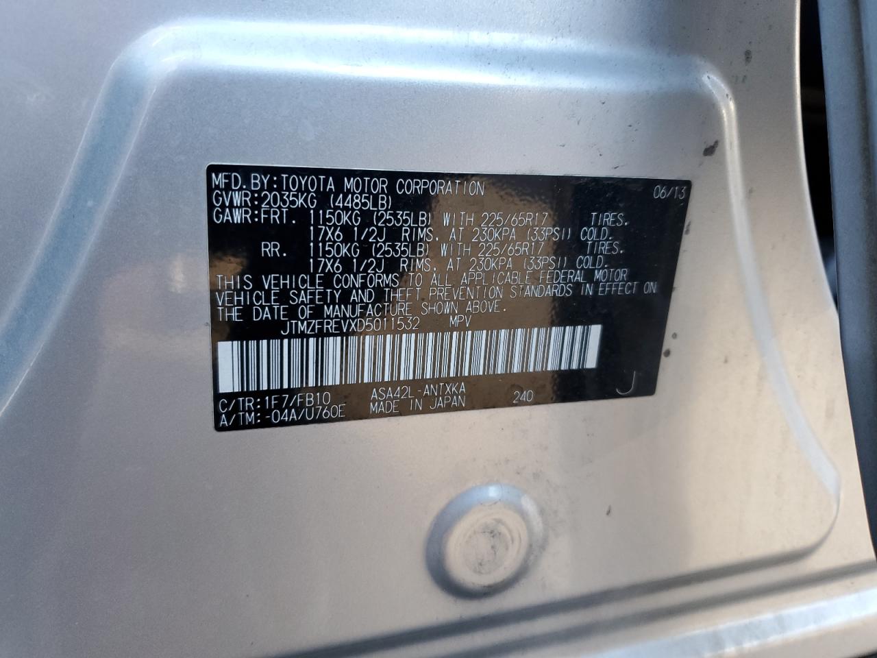 2013 Toyota RAV 4 VIN JTMZFREVXD5011532 Copart auction photo, front end damage thumbnail 14
