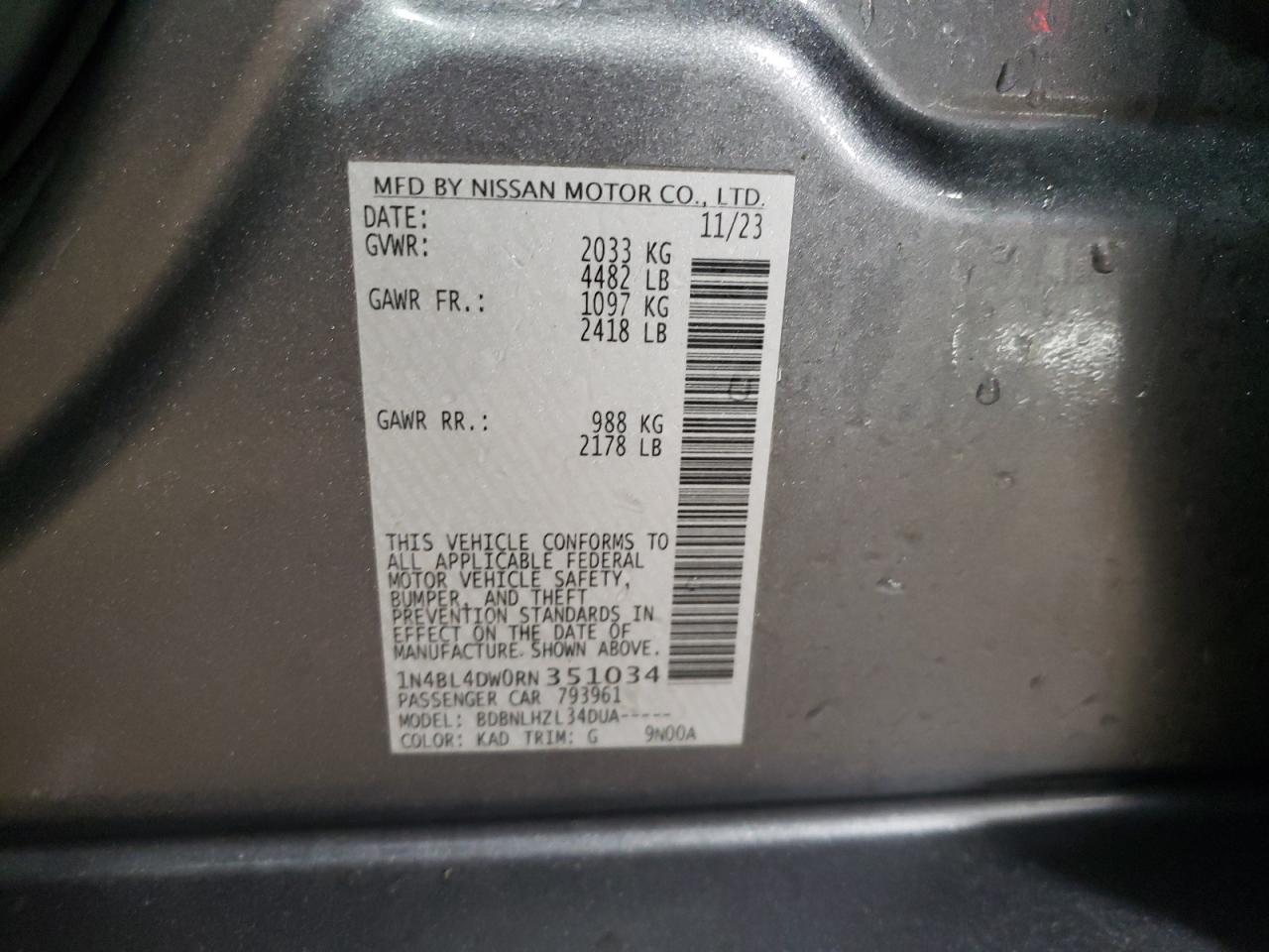 2024 Nissan Altima VIN 1N4BL4DW0RN351034 Copart auction photo, front end damage thumbnail 12
