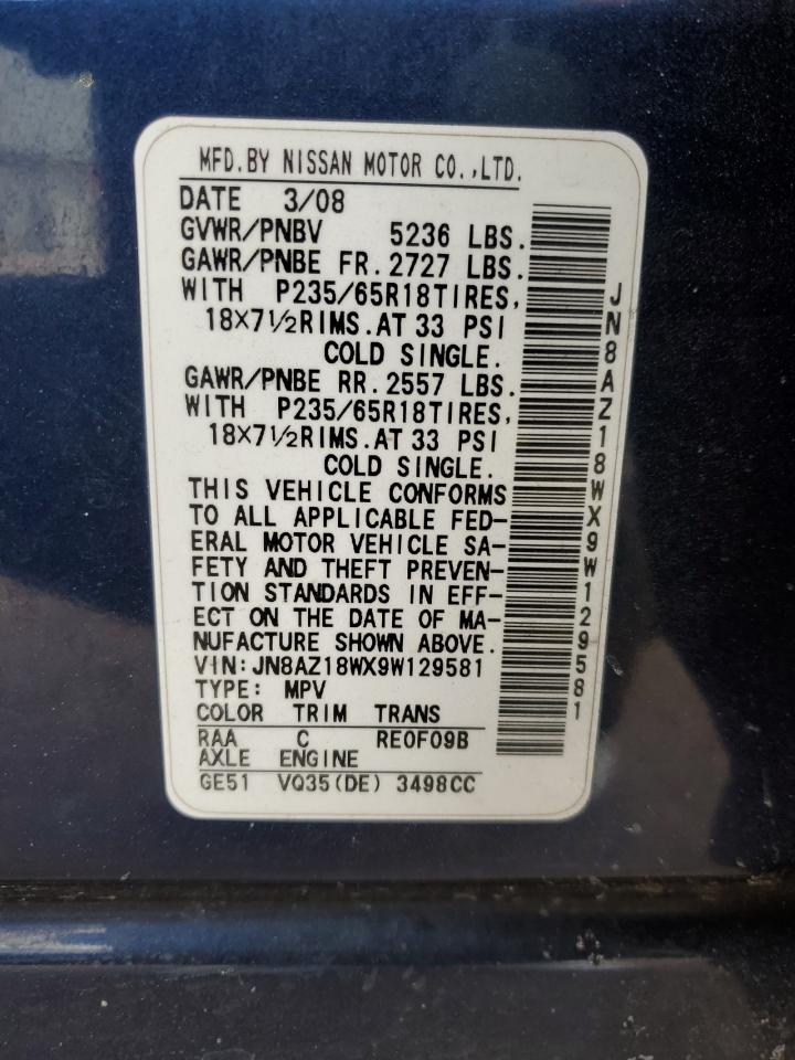 2009 Nissan Murano VIN JN8AZ18WX9W129581 Copart auction photo, side / hail damage thumbnail 13