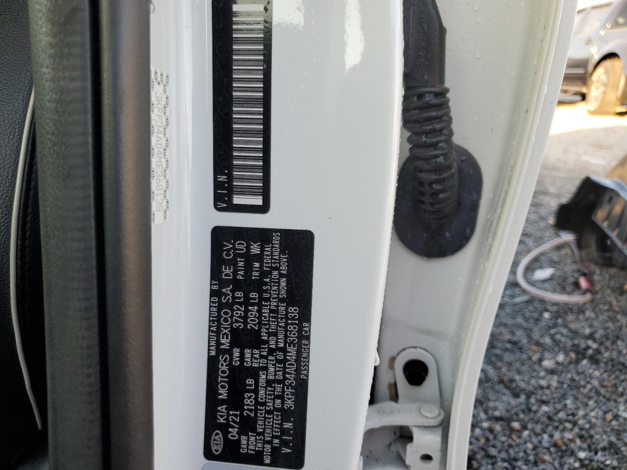2021 KIA Forte VIN 3KPF34AD4ME368138 Copart auction photo, top/roof damage thumbnail 12
