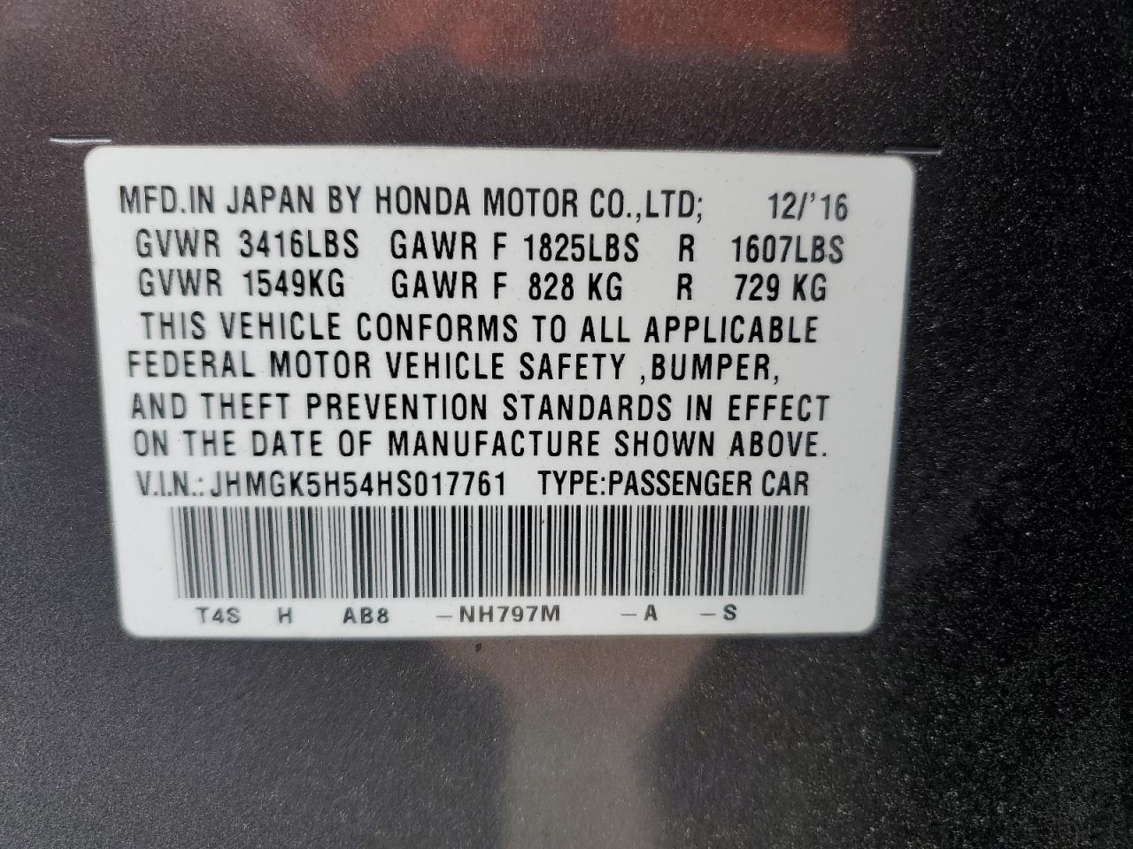 2017 Honda Fit VIN JHMGK5H54HS017761 Copart auction photo, rear end / hail damage thumbnail 14