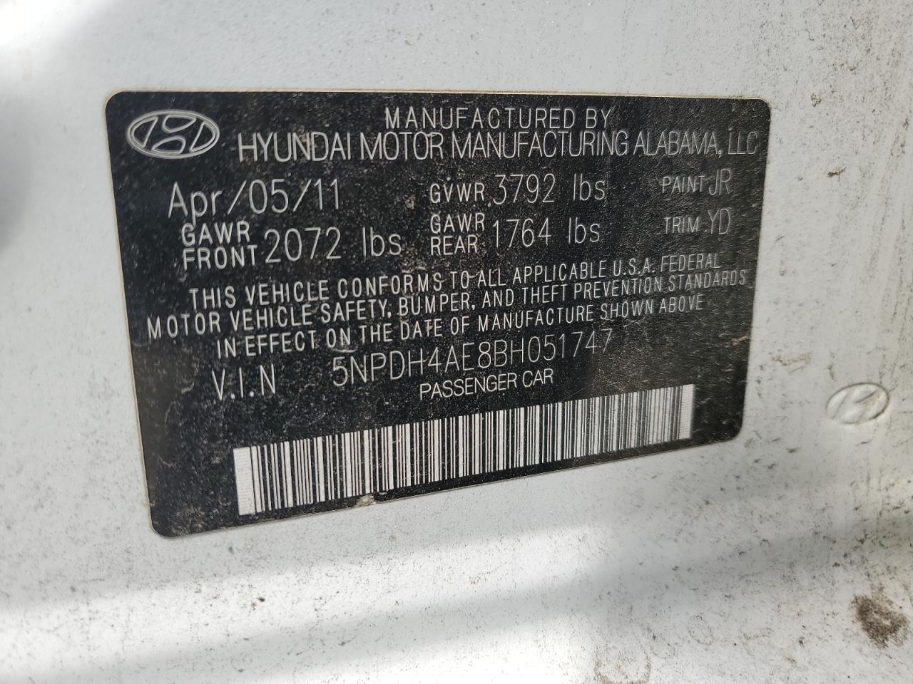 2011 Hyundai Elantra VIN 5NPDH4AE8BH051747 Copart auction photo, normal wear / minor dent/scratches damage thumbnail 14