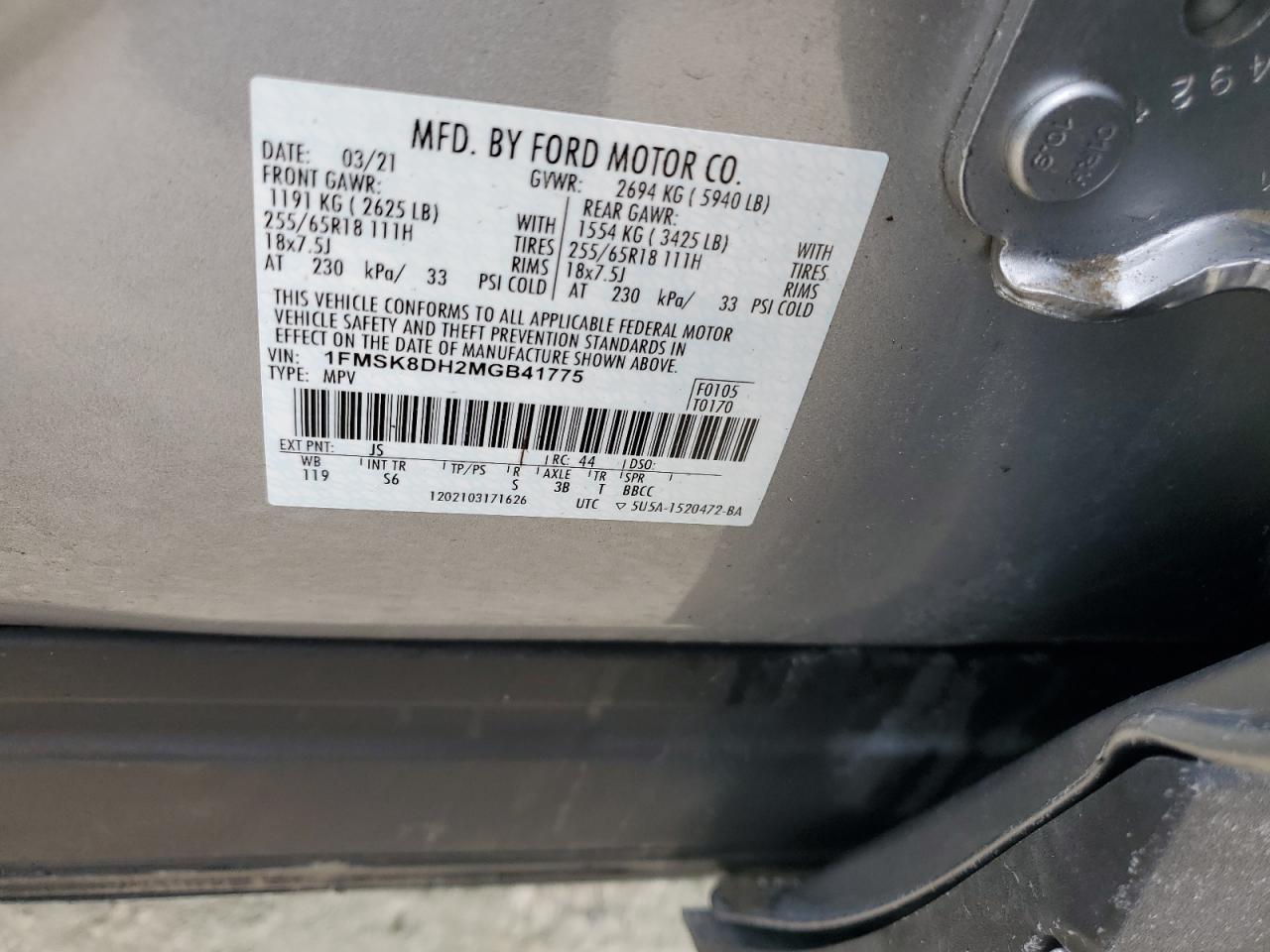 2021 Ford Explorer VIN 1FMSK8DH2MGB41775 Copart auction photo, water/flood damage thumbnail 14