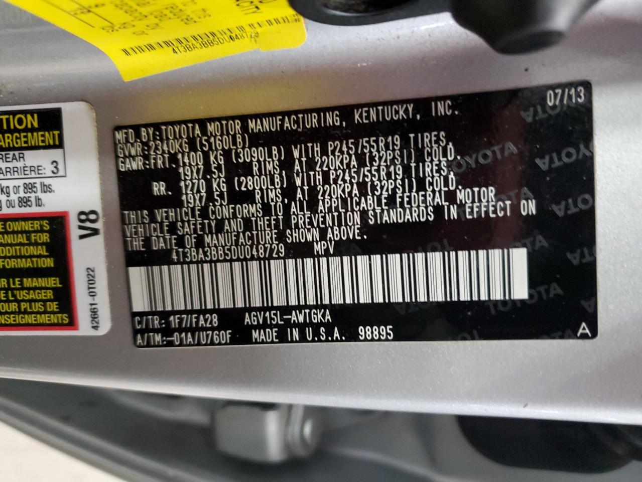 2013 Toyota Venza VIN 4T3BA3BB5DU048729 Copart auction photo, mechanical / minor dent/scratches damage thumbnail 12