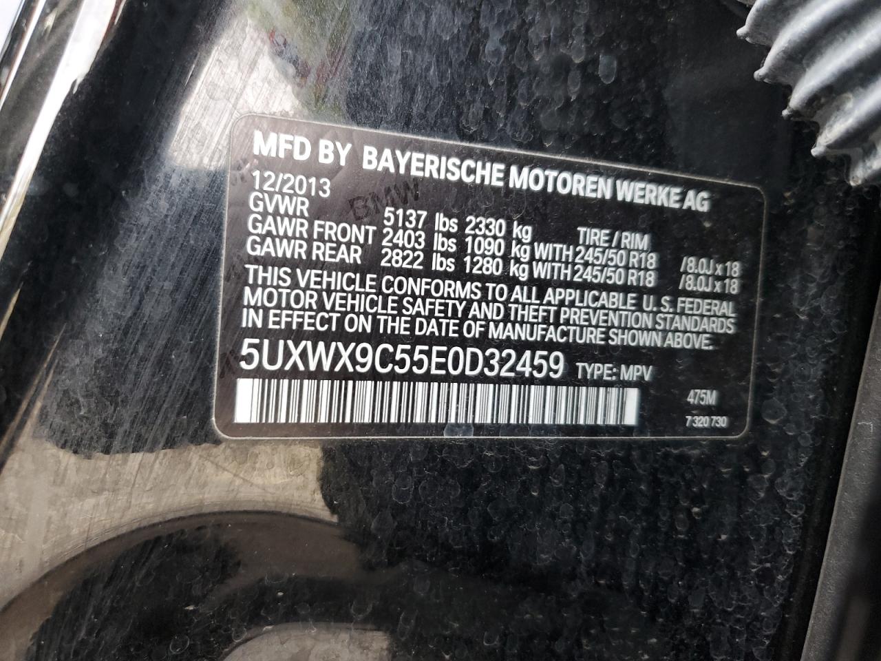 2014 BMW X3 VIN 5UXWX9C55E0D32459 Copart auction photo, side damage thumbnail 13