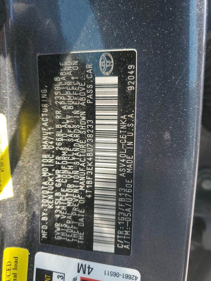 2011 Toyota Camry VIN 4T1BF3EK4BU738233 Copart auction photo, rear end / front end damage thumbnail 12