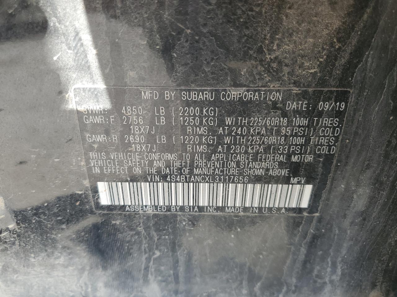 2020 Subaru Outback VIN 4S4BTANCXL3117656 Copart auction photo, front end / rear end damage thumbnail 12