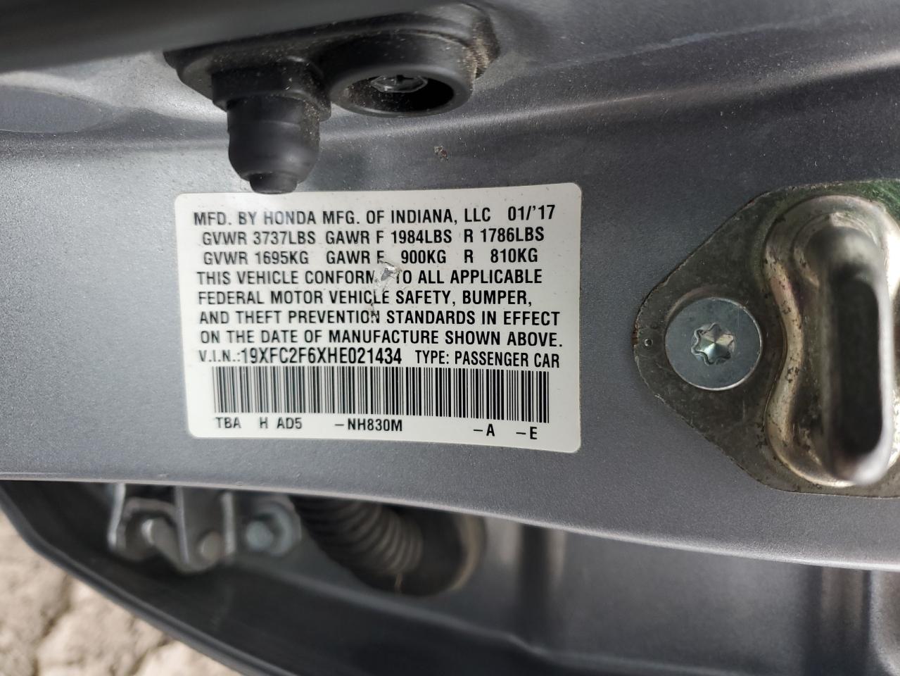2017 Honda Civic VIN 19XFC2F6XHE021434 Copart auction photo, front end / rear end damage thumbnail 15