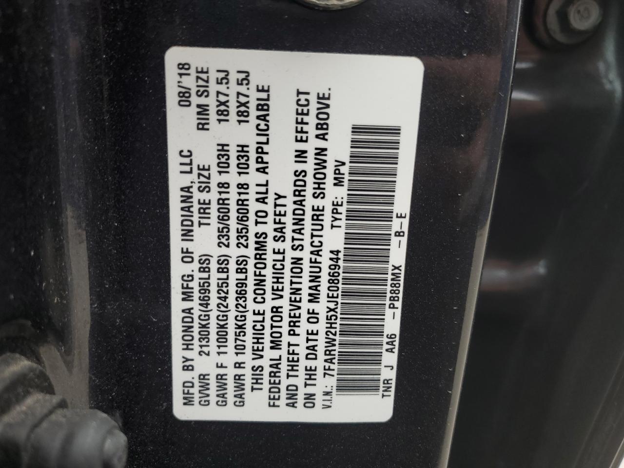 2018 Honda CR-V VIN 7FARW2H5XJE086944 Copart auction photo, all over damage thumbnail 15