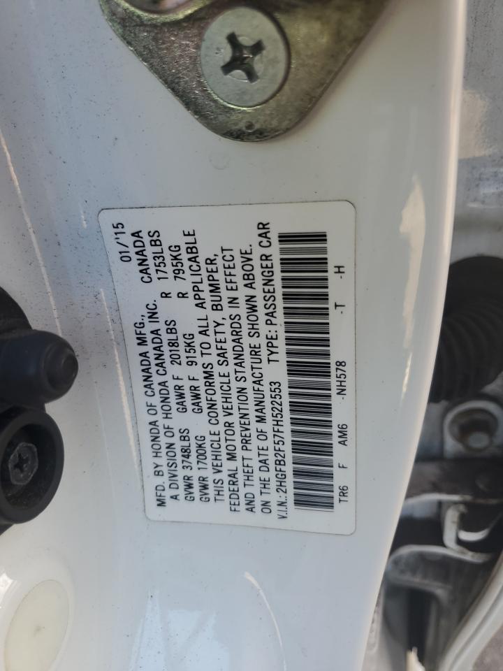 2015 Honda Civic VIN 2HGFB2F57FH522553 Copart auction photo, side damage thumbnail 12