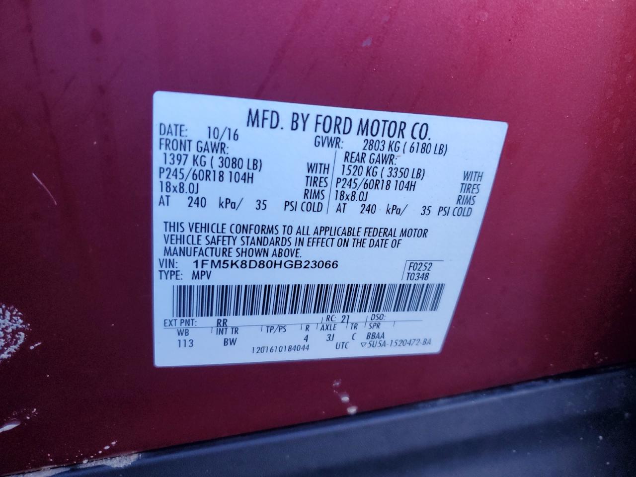 2017 Ford Explorer VIN 1FM5K8D80HGB23066 Copart auction photo, front end damage thumbnail 16