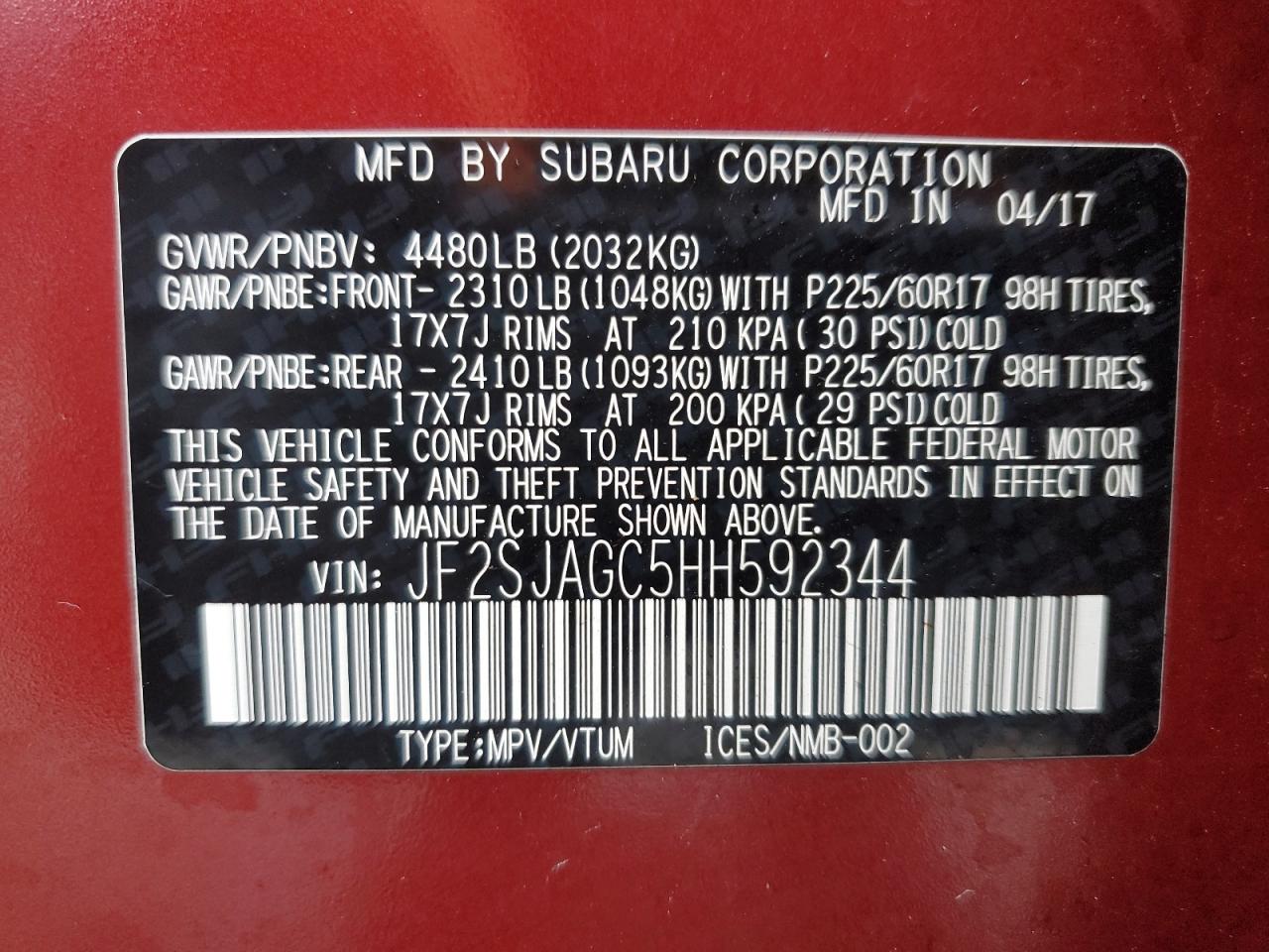 2017 Subaru Forester VIN JF2SJAGC5HH592344 Copart auction photo, front end / minor dent/scratches damage thumbnail 14