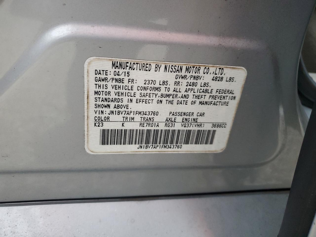 2015 Infiniti Q50 VIN JN1BV7AP1FM343760 Copart auction photo, side damage thumbnail 12